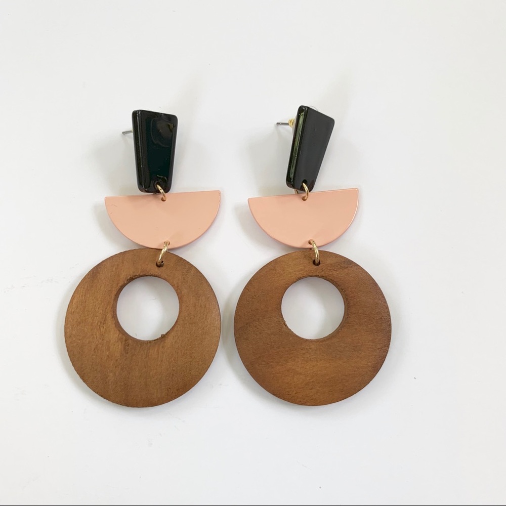 Wood Mixed Media Geometric Modern Earrings NWT - Picture 2 of 5